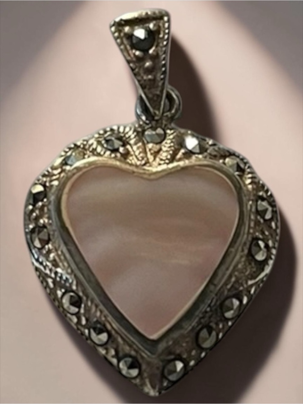 Vintage 925 Marcasite Pink Mother of Pearl Heart Pendant
